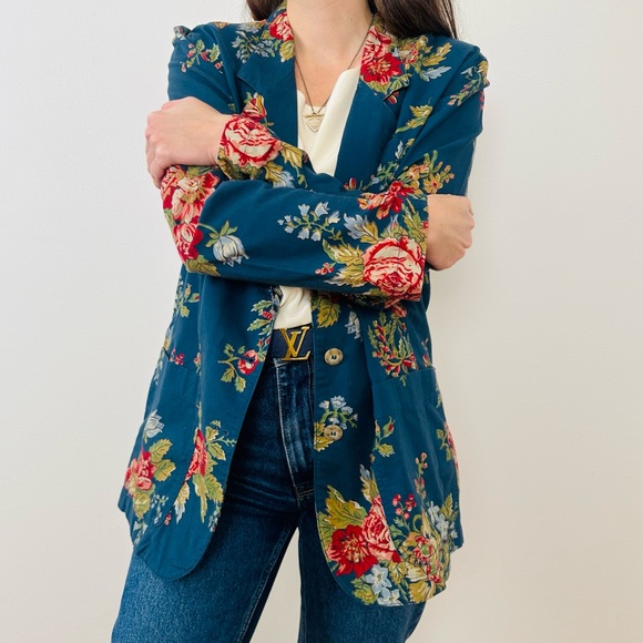 Vintage Liz Sport Floral Print Blazer Jacket, Oversized Long Fit Boho - Picture 6 of 10